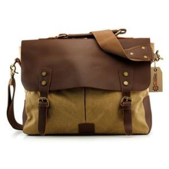 NEW Genuine Leather Canvas Messenger Bag - Picture 12 of 16